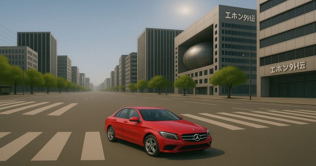 赤いメルセデス・ベンツが無人の都市の交差点に停車している様子。背後には現代的な高層ビルが立ち並んでいる。