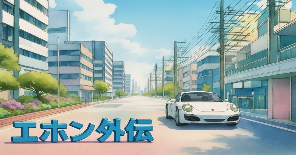 左下に「エホン外伝」と3D文字で描かれた、白い車が走る街並みのイラスト