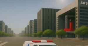 SASUKE会場が設置された都市のビル前を走る救急車