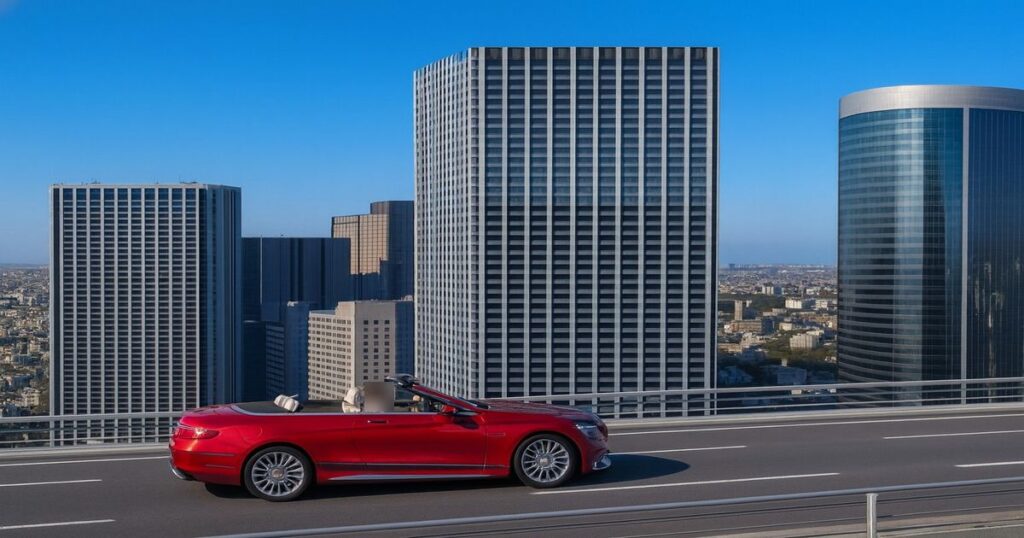 赤いメルセデス・マイバッハS650カブリオレが高層ビル街の高速道路を走る