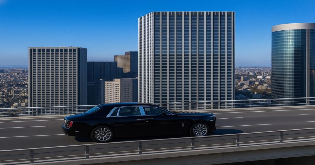 黒のロールス・ロイス ファントムが高層ビルの都市高速道路を走行するシーン