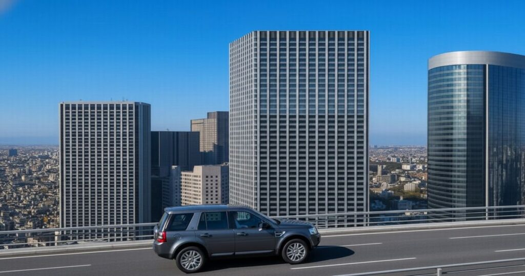 都市高速道路を走るランドローバー・フリーランダー2の車両。背後には高層ビル群と青空が広がっている。