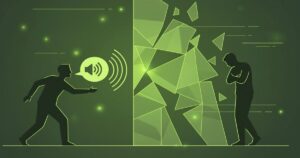 音声で壁を壊し、相手に届くコミュニケーションを象徴するイラスト