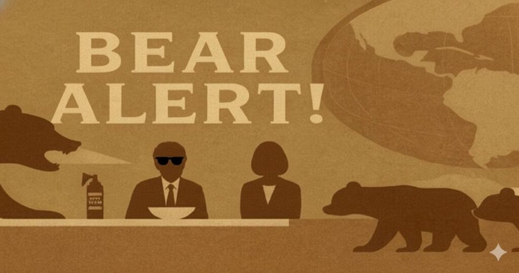 茶色の背景に「BEAR ALERT!」と書かれたポスター風イラスト。熊、地球儀、サングラスをかけた男性、スーツの女性が描かれ、熊の警戒を呼びかけているデザイン。