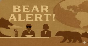 茶色の背景に「BEAR ALERT!」と書かれたポスター風イラスト。熊、地球儀、サングラスをかけた男性、スーツの女性が描かれ、熊の警戒を呼びかけているデザイン。