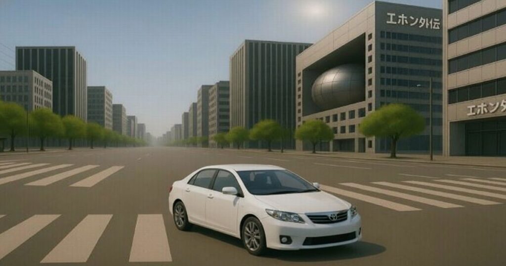 広い交差点に停車する白いセダン車。周囲には高層ビルが立ち並び、人通りのない静かな都市風景が広がっている。