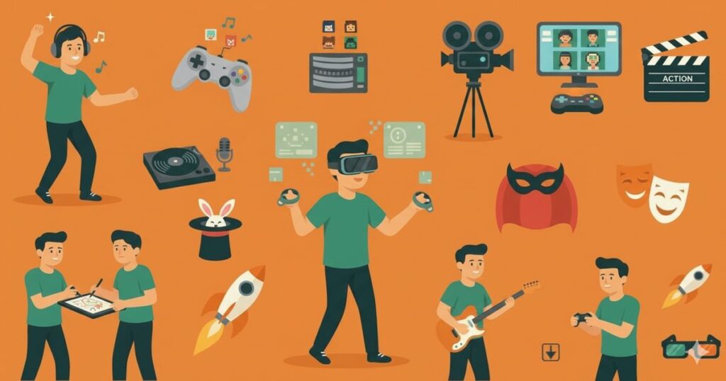 エンタメに関するアイコン集と人物イラスト