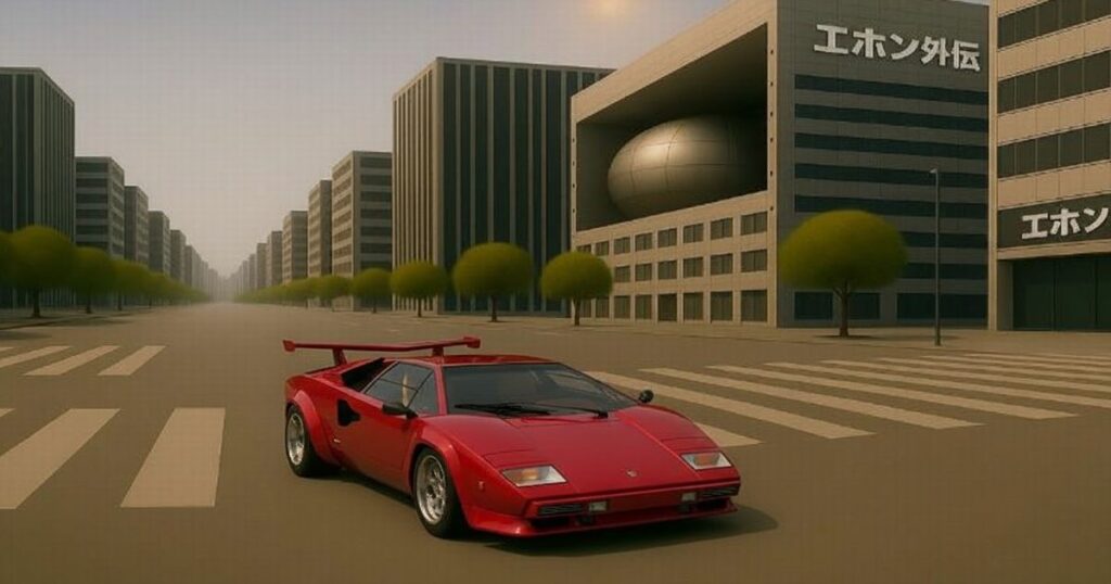 赤いランボルギーニ・カウンタックLP500が都市の大通りに停まっているアイキャッチ画像。背景には近未来風のビル街とエホン外伝のロゴが見える。