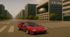 赤いランボルギーニ・カウンタックLP500が都市の大通りに停まっているアイキャッチ画像。背景には近未来風のビル街とエホン外伝のロゴが見える。