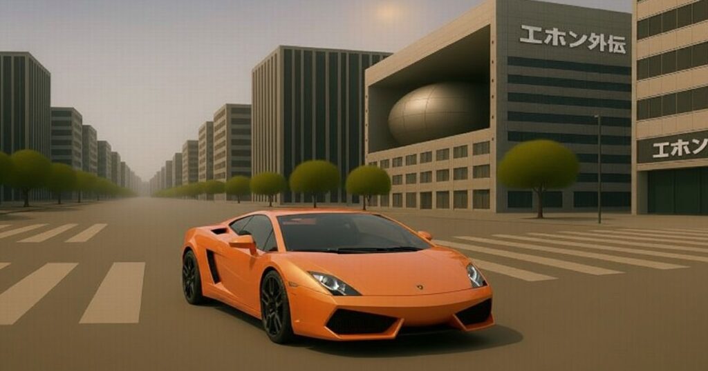 オレンジ色のランボルギーニ・ガヤルドが静かな都市の交差点に停車している