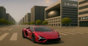 都市の交差点に停まる赤いランボルギーニ・レヴエルト