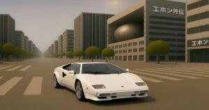 近未来的な都市の交差点に停車する白いランボルギーニ・カウンタック