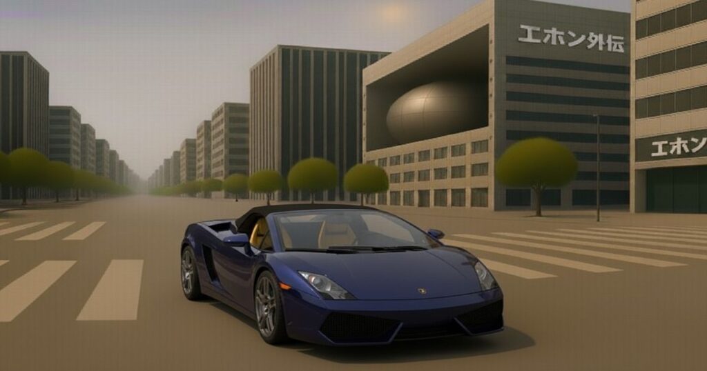 青いランボルギーニ・ガヤルド・スパイダーが都会の交差点に停まっている様子