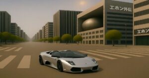 未来的な都市の広い道路を走るランボルギーニ・ムルシエラゴ・ロード。無人の街並みと整然と並ぶ建物が印象的。