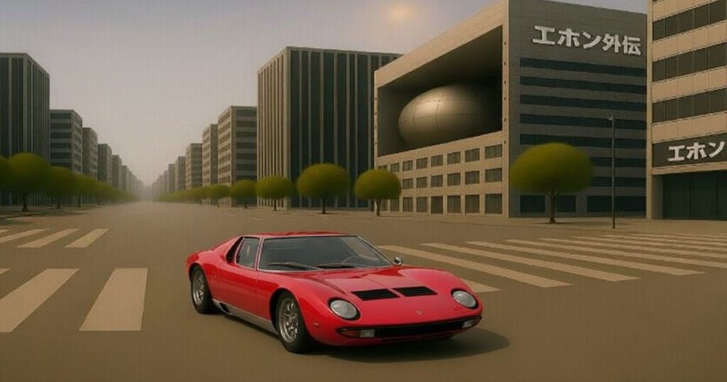 未来的な都市の広い道路を走るランボルギーニ・ムルシエラゴ・ロード。街並みと整然と並ぶ建物が印象的。