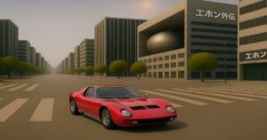 未来的な都市の広い道路を走るランボルギーニ・ムルシエラゴ・ロード。街並みと整然と並ぶ建物が印象的。