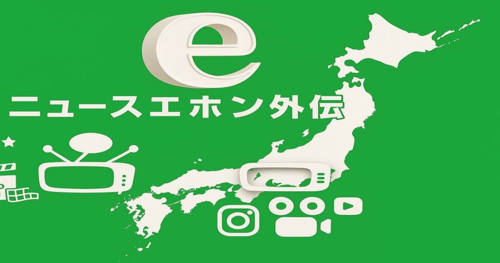 日本列島を背景にした青いデザインのニュースロゴ画像。「ニュースエホン外伝」の文字とテレビ・動画アイコンが配置されている。