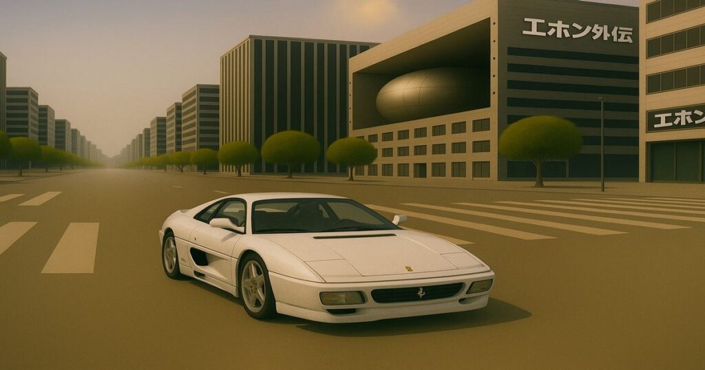白のフェラーリF355が都市の交差点を走る、エホン外伝ビル街の風景