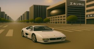 白のフェラーリF355が都市の交差点を走る、エホン外伝ビル街の風景