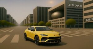 黄色のランボルギーニ・ウルスが無人の都市の交差点に停まっている