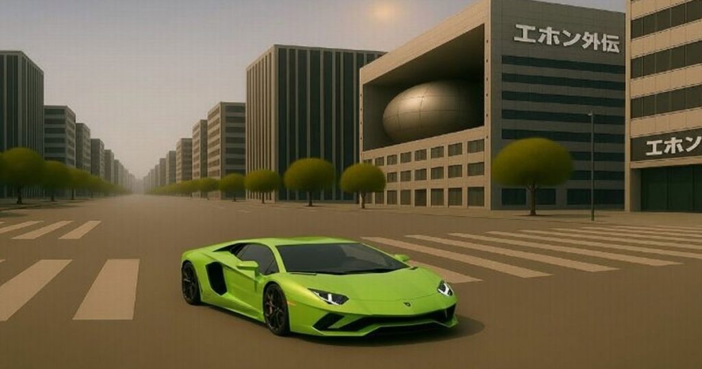 黄緑のランボルギーニ・アヴェンタドールが近未来的な都市の交差点に停まっている