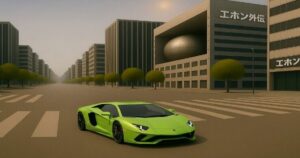 黄緑のランボルギーニ・アヴェンタドールが近未来的な都市の交差点に停まっている