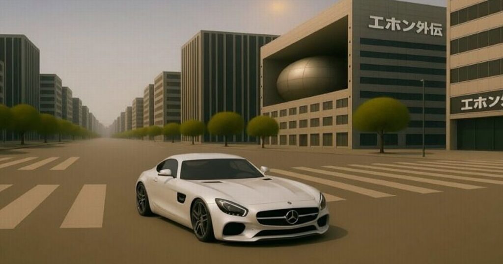 都会の道路を走る白いメルセデスAMG GT。 周囲には日本の都市のようなビル群が立ち並び、「エホン外伝」と書かれた建物が見える。空は曇りか夕焼けで、道路には横断歩道が描かれている。