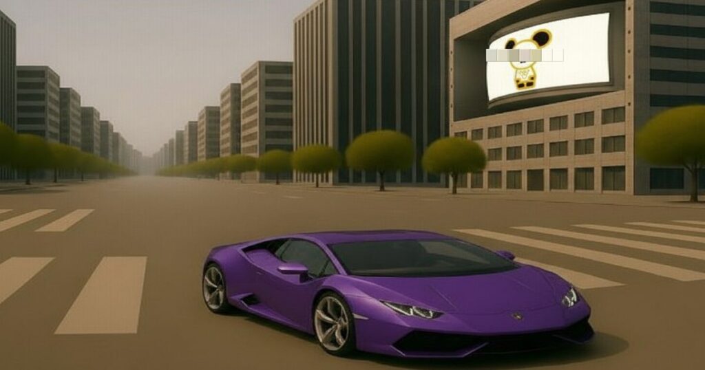 紫のランボルギーニが無人の都市の大通りに停まり、右側ビルの大型スクリーンにキャラクターが映っている光景