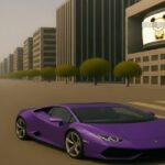 紫のランボルギーニが無人の都市の大通りに停まり、右側ビルの大型スクリーンにキャラクターが映っている光景