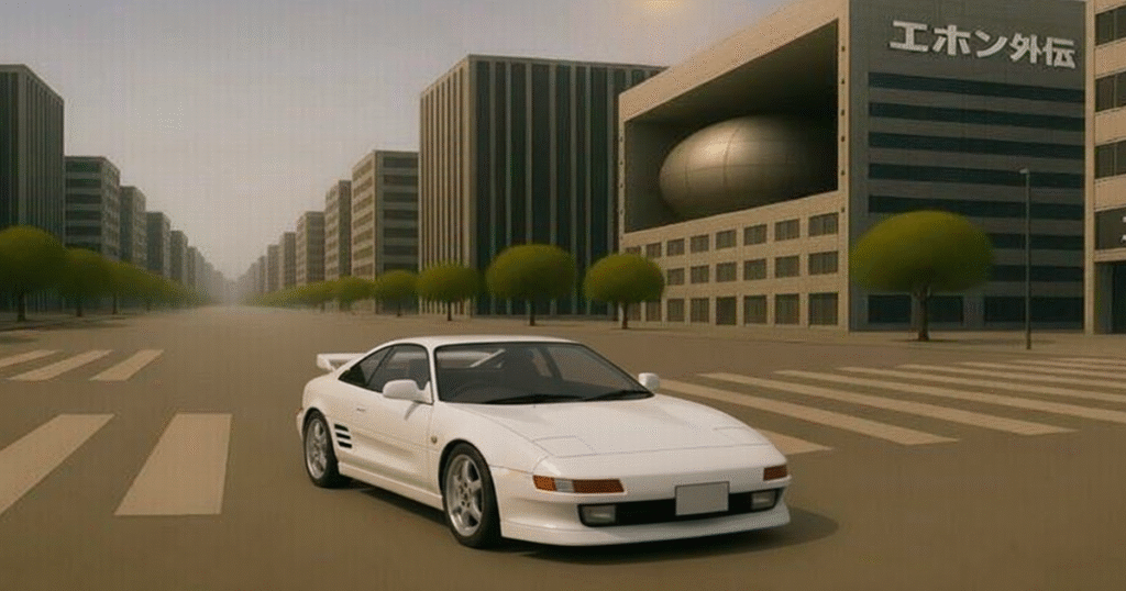 白のトヨタMR2が都市の交差点に佇む、エホン外伝ビル群の街並み