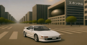 白のトヨタMR2が都市の交差点に佇む、エホン外伝ビル群の街並み