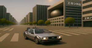 バック・トゥ・ザ・フューチャーのデロリアンが都会の交差点に停まっている様子