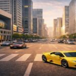 夕方の都心の大通り交差点を走る黄色のスポーツカーと高層ビル群