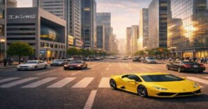 夕方の都心の大通り交差点を走る黄色のスポーツカーと高層ビル群