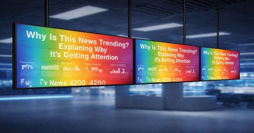 なぜこのニュースが話題なのかを解説するデジタルニュースサイネージ画面