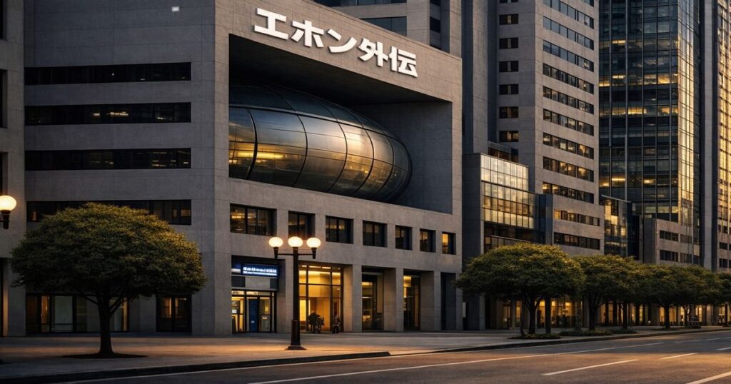 エホン外伝のロゴが掲げられた都市部の大型ビル外観