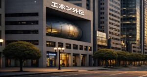 エホン外伝のロゴが掲げられた都市部の大型ビル外観