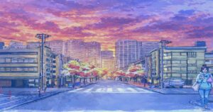 夕焼け空に染まる都市の街並みと横断歩道を歩く女性のアニメ風イラスト