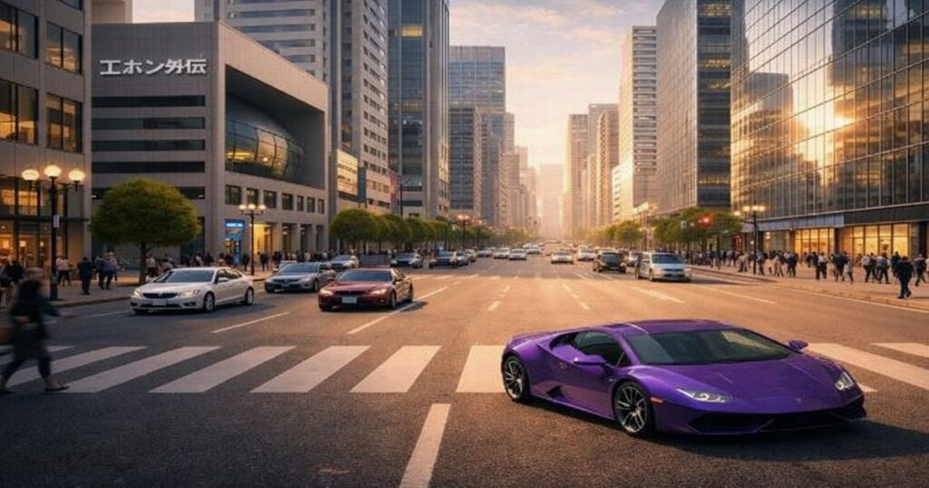 東京のオフィス街の大通りを走行する紫色のスポーツカーと夕方の都市風景