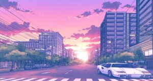 夕焼けの都市道路に停まる白いスポーツカーと高層ビル群のアニメ風イラスト