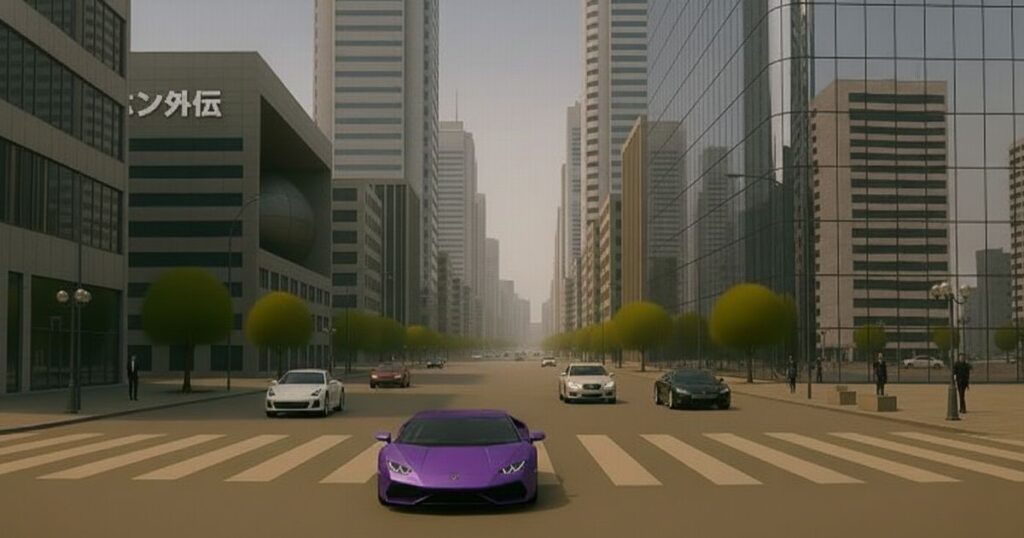 高層ビルが立ち並ぶ都心の大通りを走る紫色の高級スポーツカーの風景