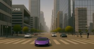 高層ビルが立ち並ぶ都心の大通りを走る紫色の高級スポーツカーの風景