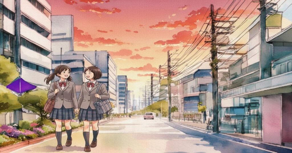 夕焼けの街並みを歩く女子学生2人の通学風景イラスト