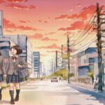 夕焼けの街並みを歩く女子学生2人の通学風景イラスト